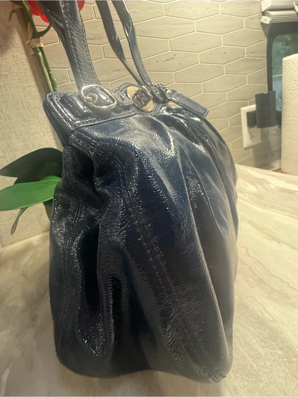EUC Coach Navy Blue Patent Leather Pleated Shoulder Tote